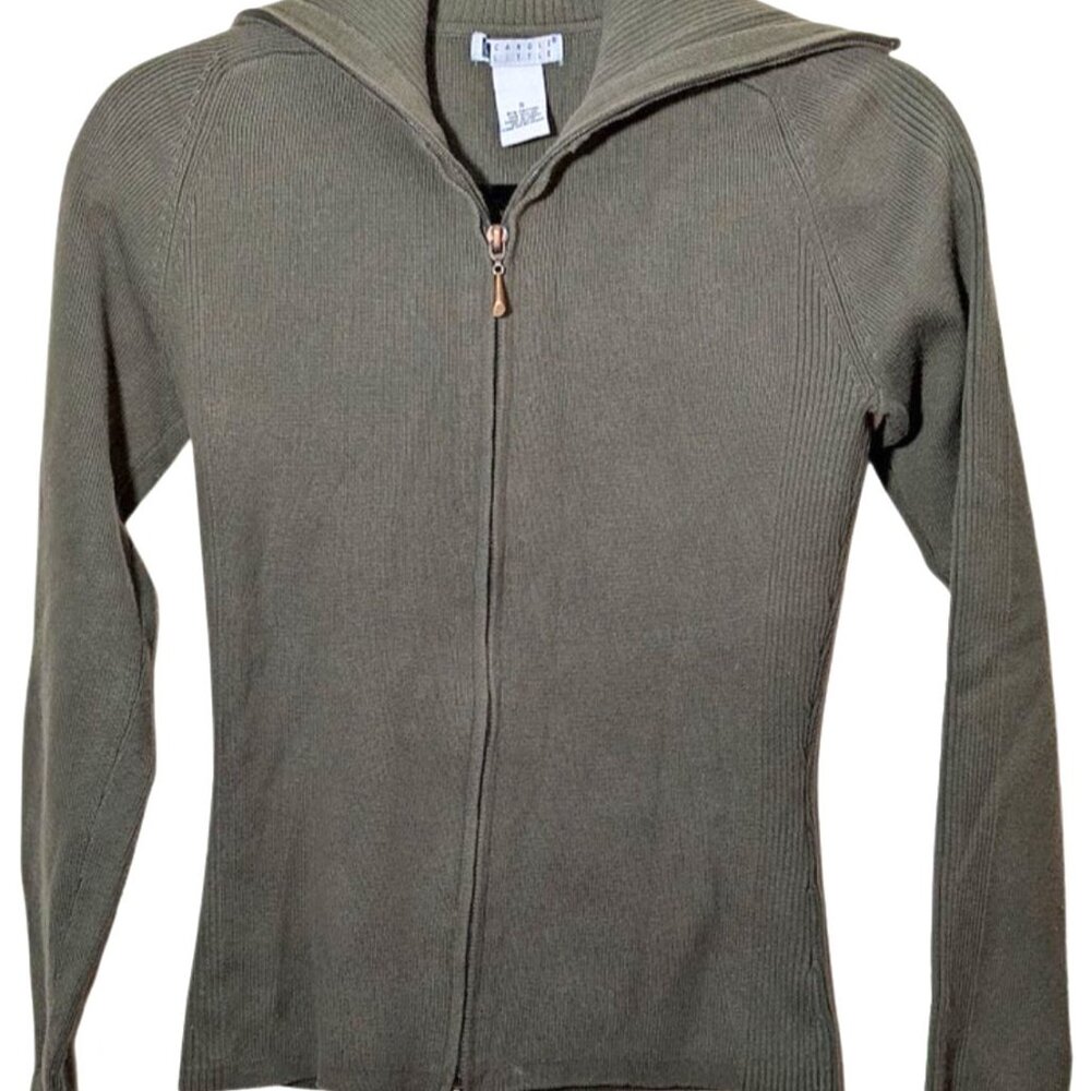 Vintage Y2K Carole Little Olive Green Sweater Knit Top Full Zip Cardigan Size S